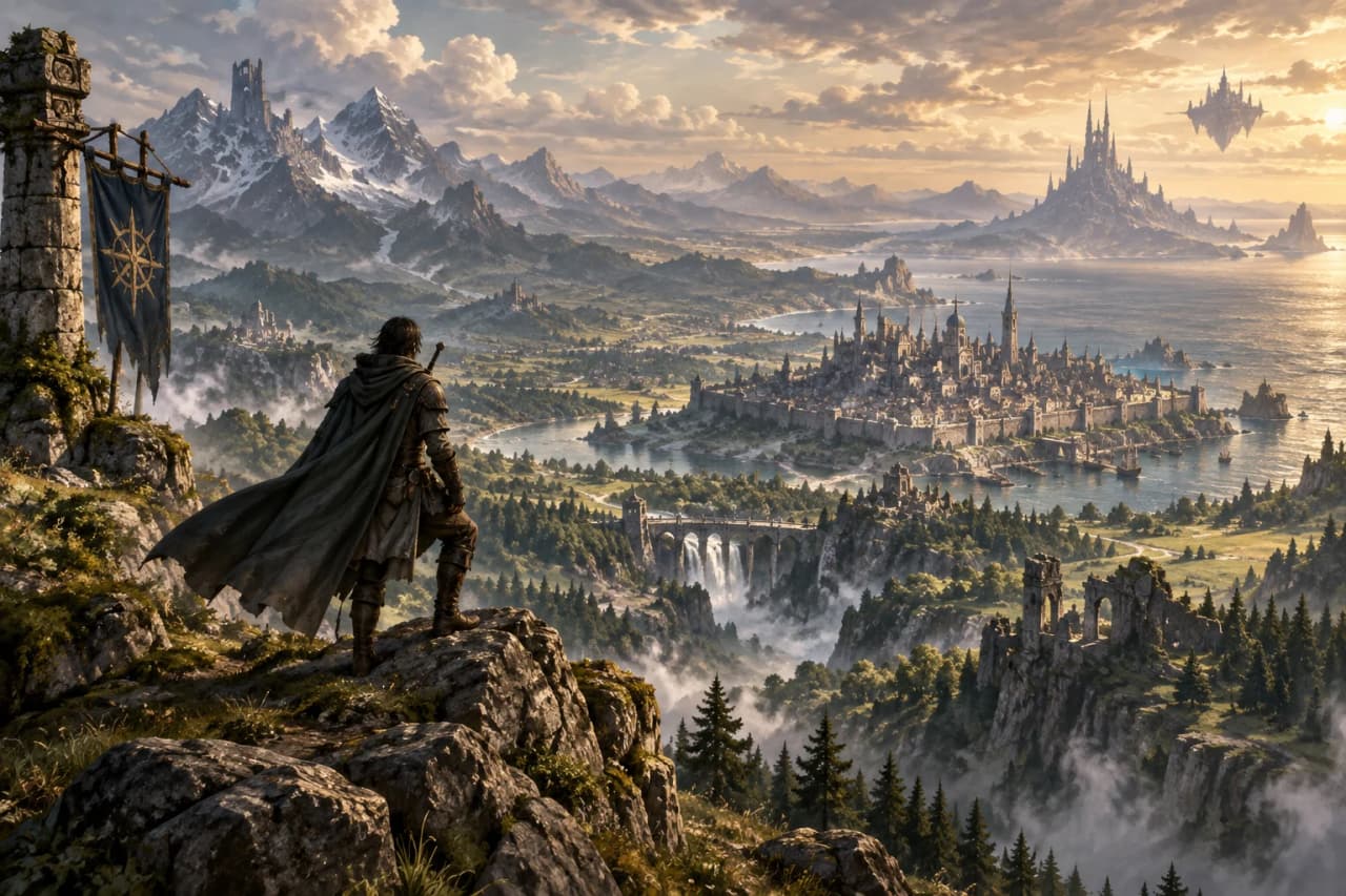 A lone adventurer overlooks a vast fantasy realm of ancient ruins, towering mountains, sprawling cities, waterways, and a distant floating citadel beneath a golden sky.