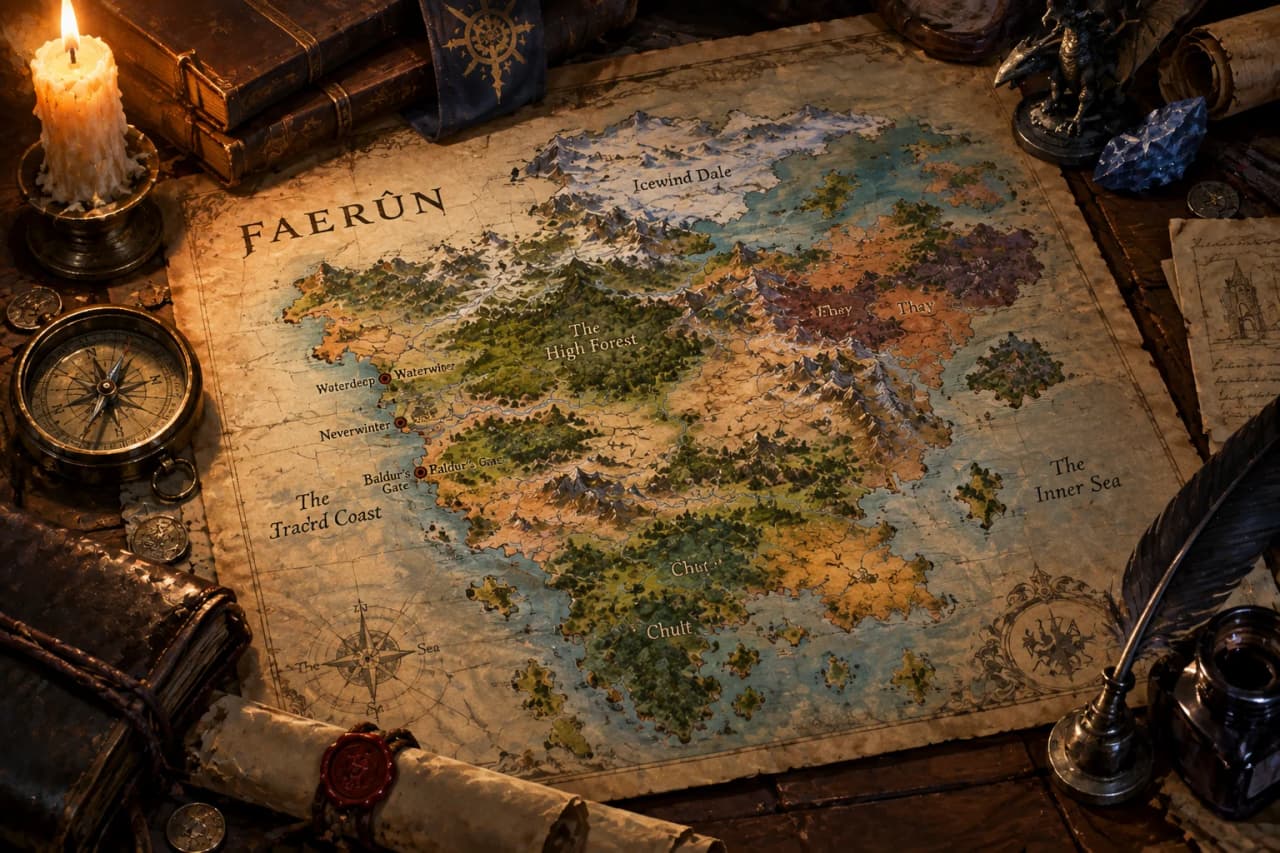 An illustrated map of Faerûn spread across a candlelit cartographer’s table, surrounded by books, a compass, quill, scrolls, coins, and arcane artifacts.