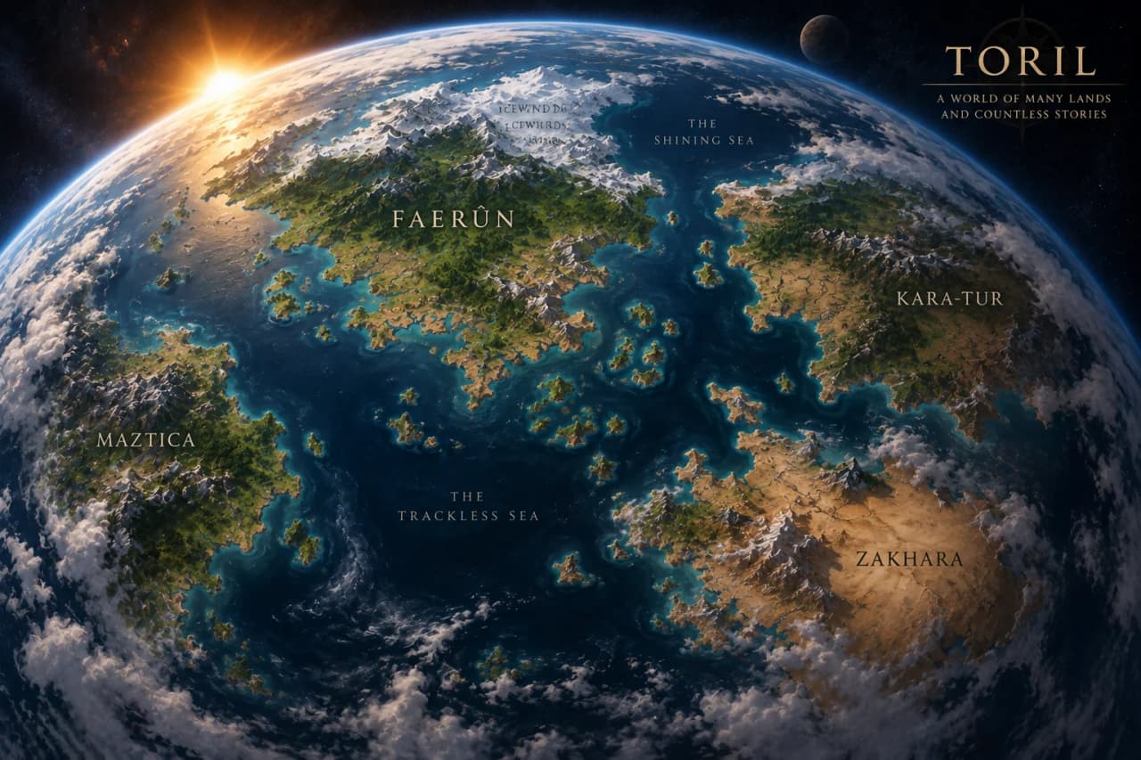 A view of Toril from space, showing the fantasy world’s continents and oceans, including Faerûn, Kara-Tur, Zakhara, and Maztica.